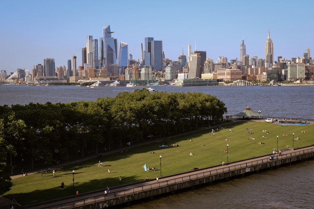 a park with a city in the background