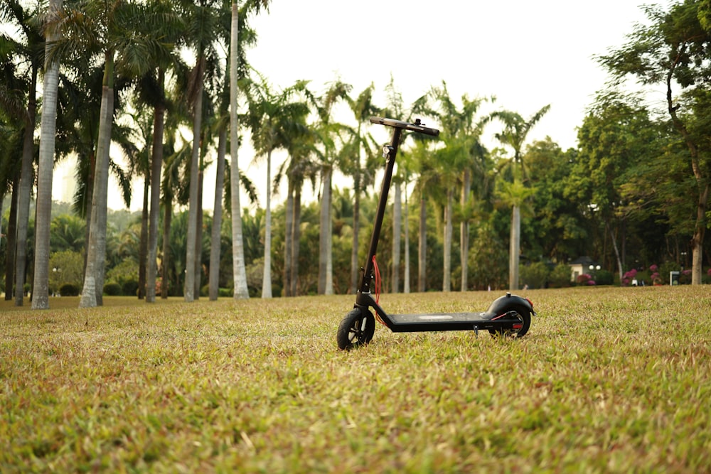a black and red scooter in a grassy field with trees