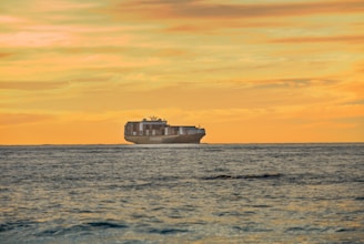 A vibrant cargo ship loaded with eco-friendly Indian goods sailing across the ocean at sunset.