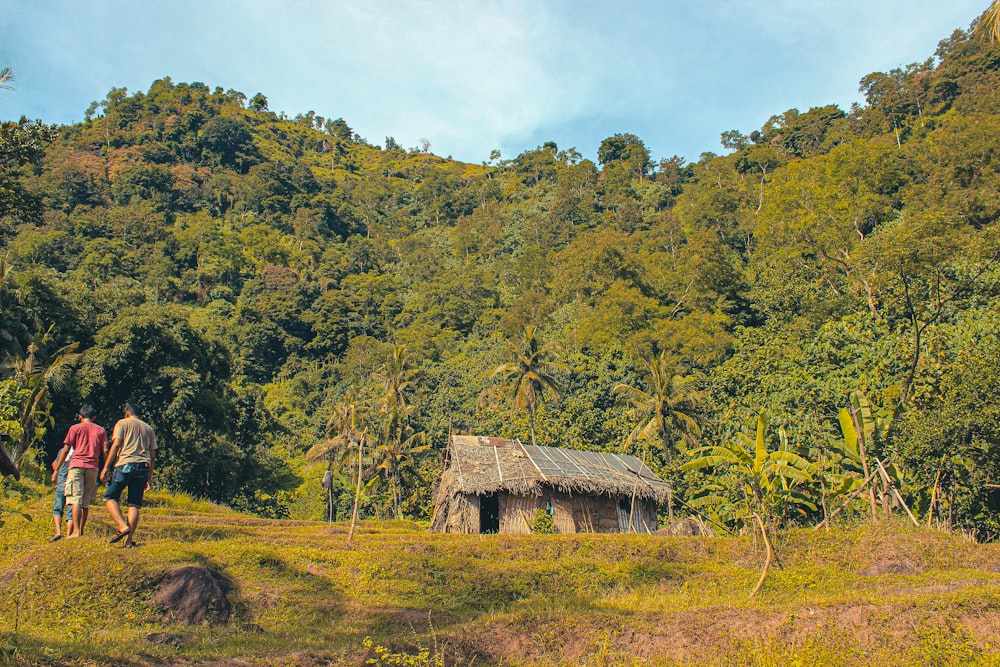 a couple of people walking towards a small building in a forest