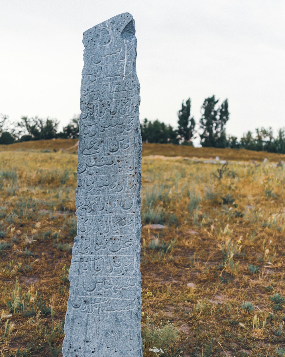 a stone pillar in a field