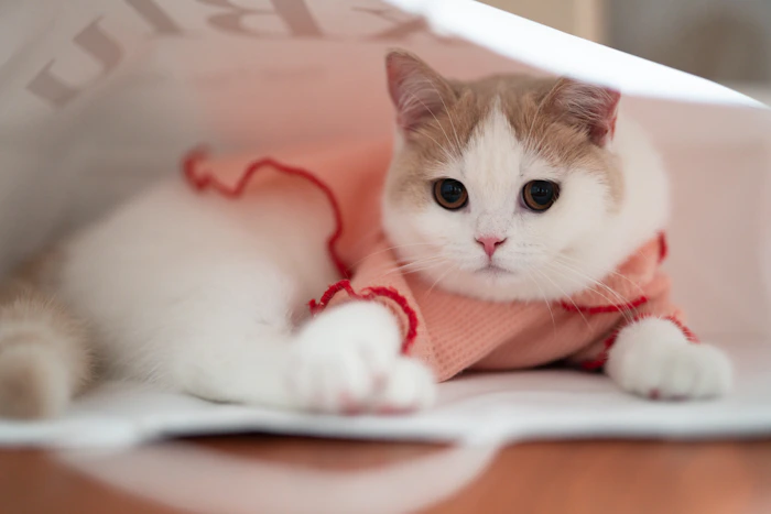 Primer plano de un gato acostado en una cama.