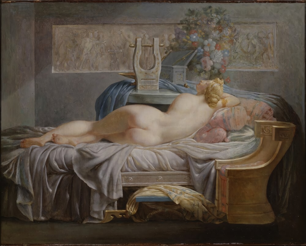 Un dipinto di una persona che dorme su un divano