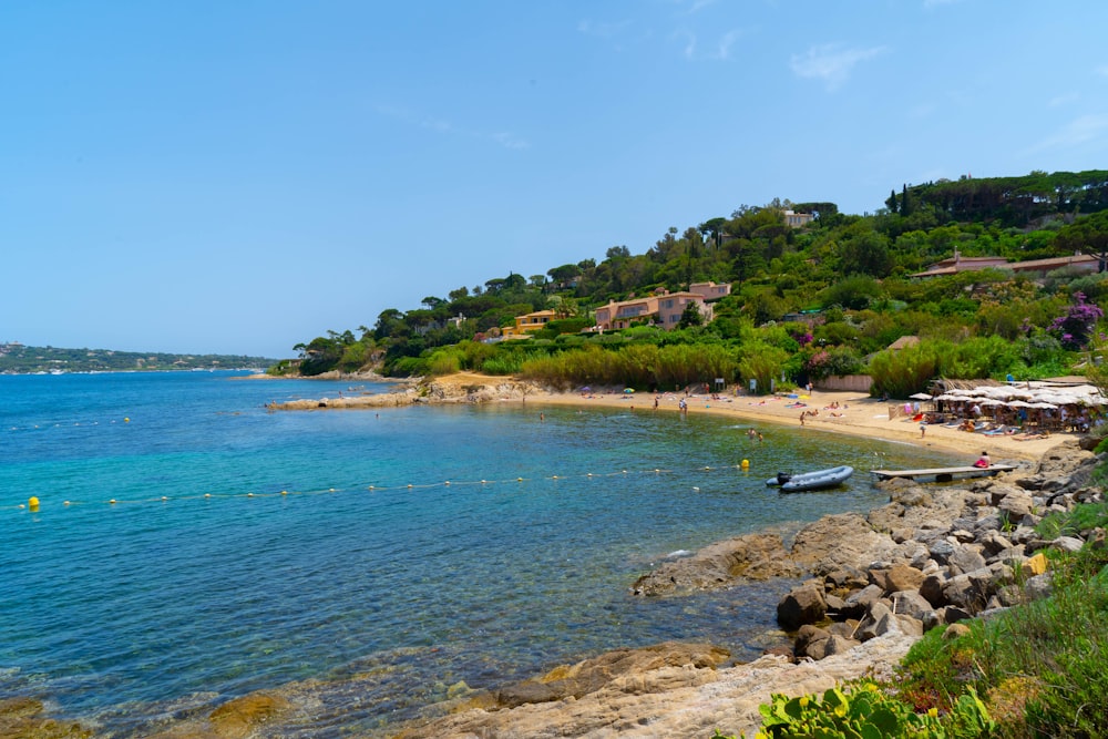 a beach with a boat