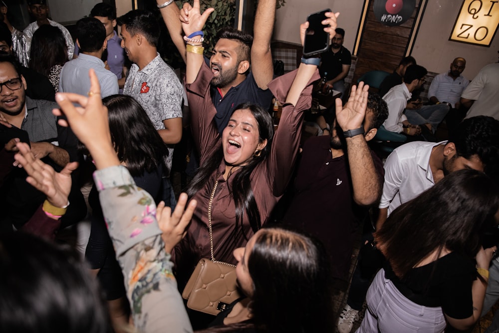 a group of people cheering