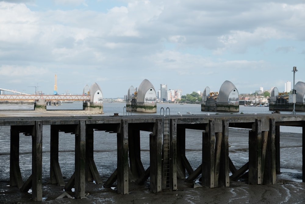 a body of water with a bridge and buildings in the background