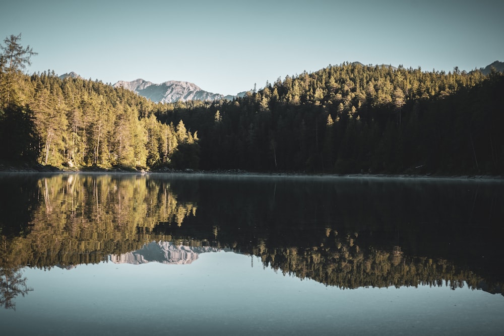 a lake with trees and mountains in the background