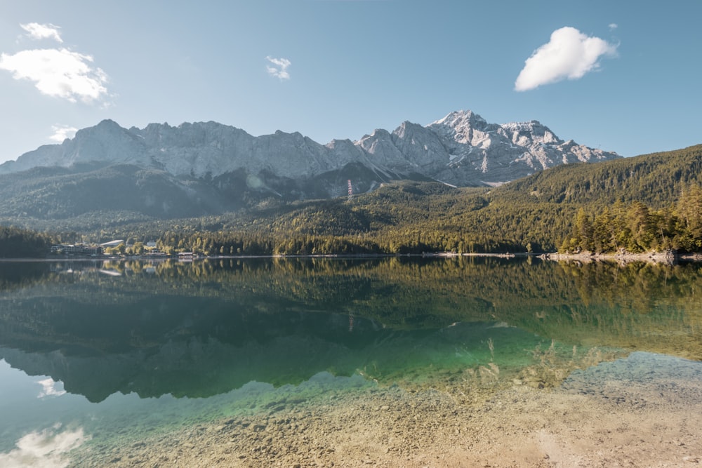 a lake with mountains in the background