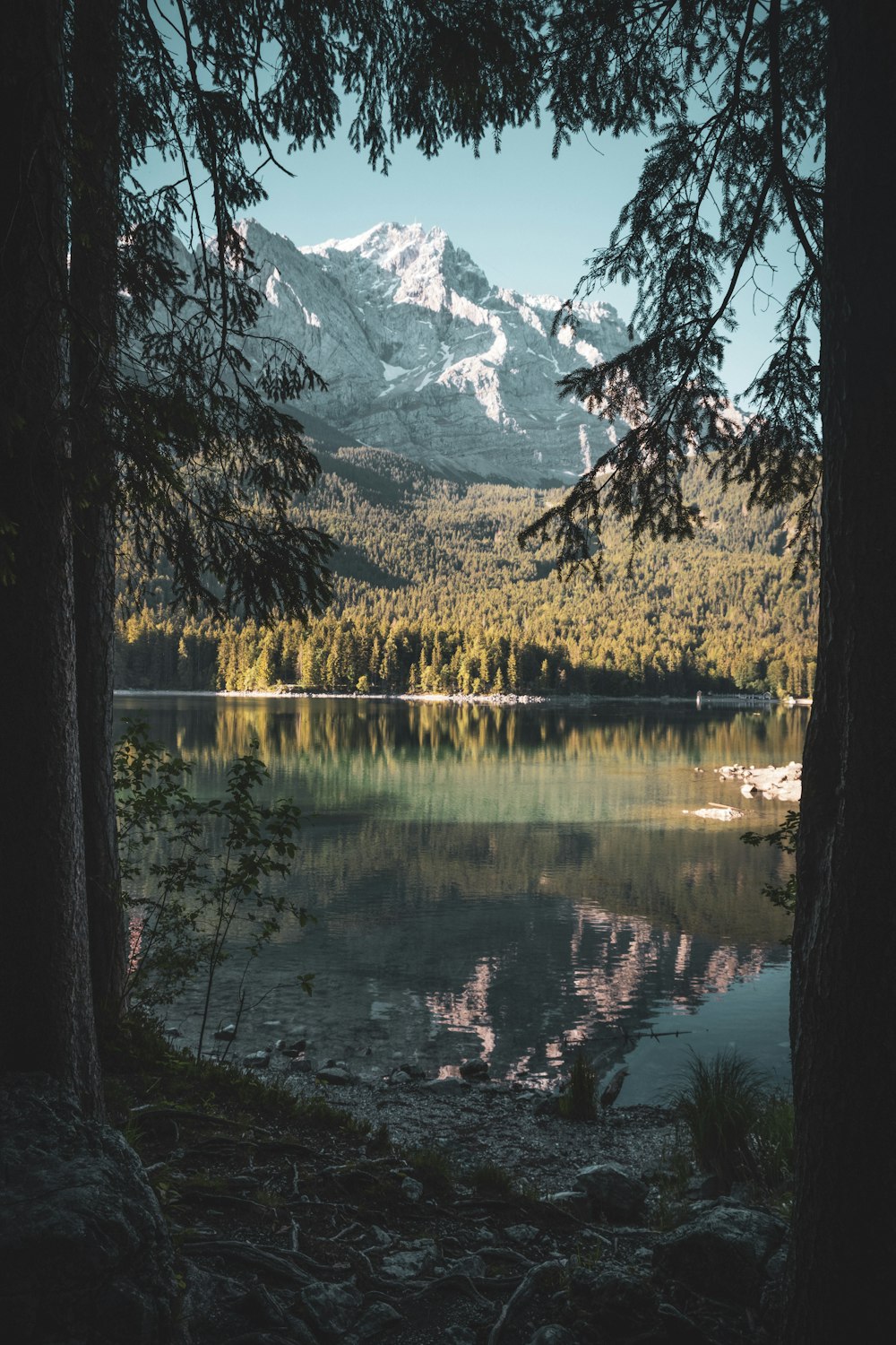 a lake with a snowy mountain in the background