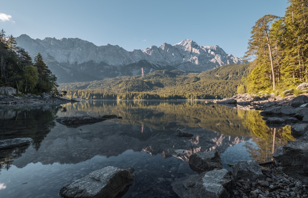 a lake with mountains in the background