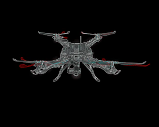 A sleek dark-mode 3D render of an autonomous drone hovering over a stylized microgrid network glowing in electric green, cyan, and safety orange hues.