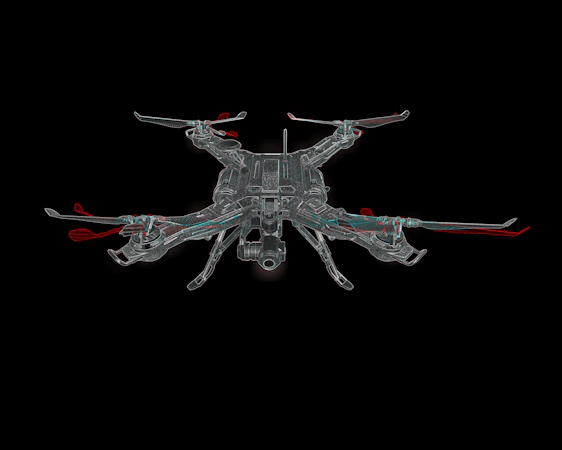 A sleek dark-mode 3D render of an autonomous drone hovering over a stylized microgrid network glowing in electric green, cyan, and safety orange hues.