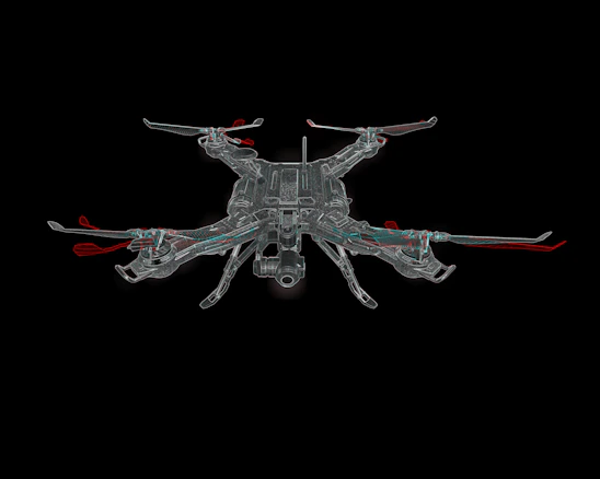 A sleek CAD rendering of a UAV airframe with blueprint grids and engineering lines in navy and electric blue.