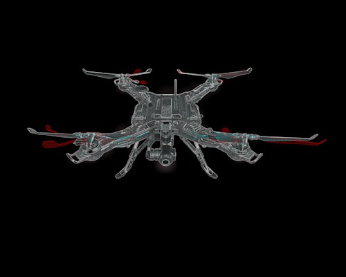 A stylized image of a quadcopter drone with a detailed, transparent outline against a black background. The drone's propellers are visible and highlighted with subtle red accents.