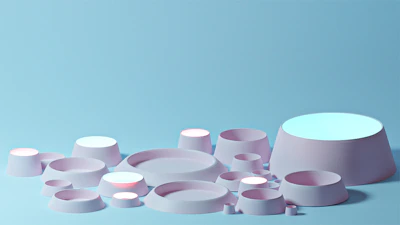 A collection of pastel blue and lavender 3D sculptures arranged on a light background.