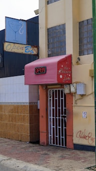 A street entrance to a building with a red canopy featuring the words 'the Pleasure Zone'. Above the entrance is an 'OPEN' sign illuminated in red. A larger sign above reads 'Open Bar' with an image of a martini glass. The exterior includes tiled walls and a metal gate door.