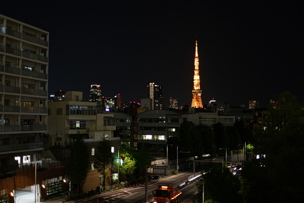 a city with a tall tower