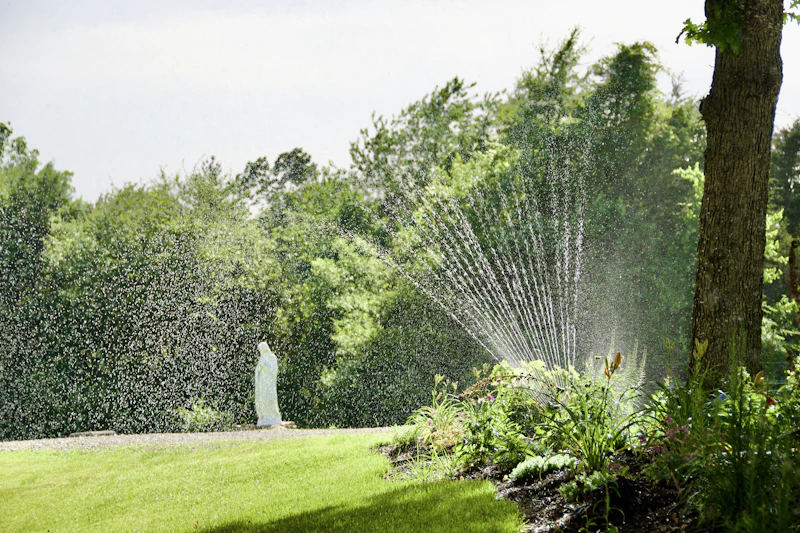 Fine irrigation mist across a garden