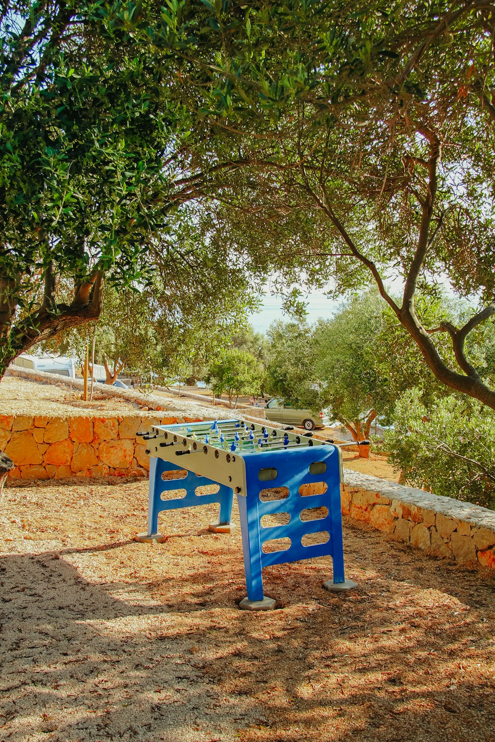 a playground with trees and a brick wall