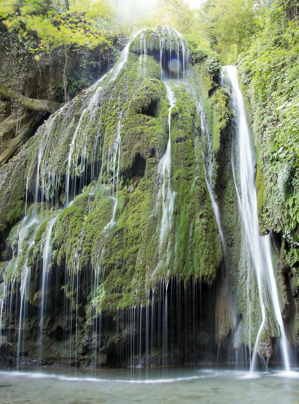 a waterfall with trees around it