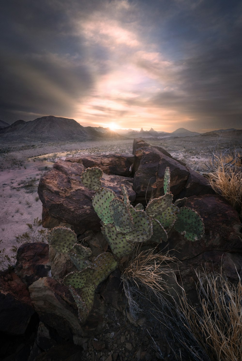 a rocky landscape with a sunset