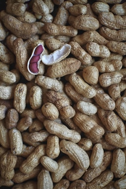 A collection of unshelled peanuts is scattered across the surface, with one peanut opened to reveal its reddish-brown seeds. The textured shells create a rough and natural pattern throughout the image.