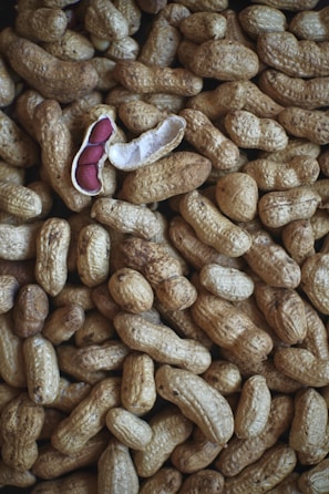 A collection of unshelled peanuts is scattered across the surface, with one peanut opened to reveal its reddish-brown seeds. The textured shells create a rough and natural pattern throughout the image.