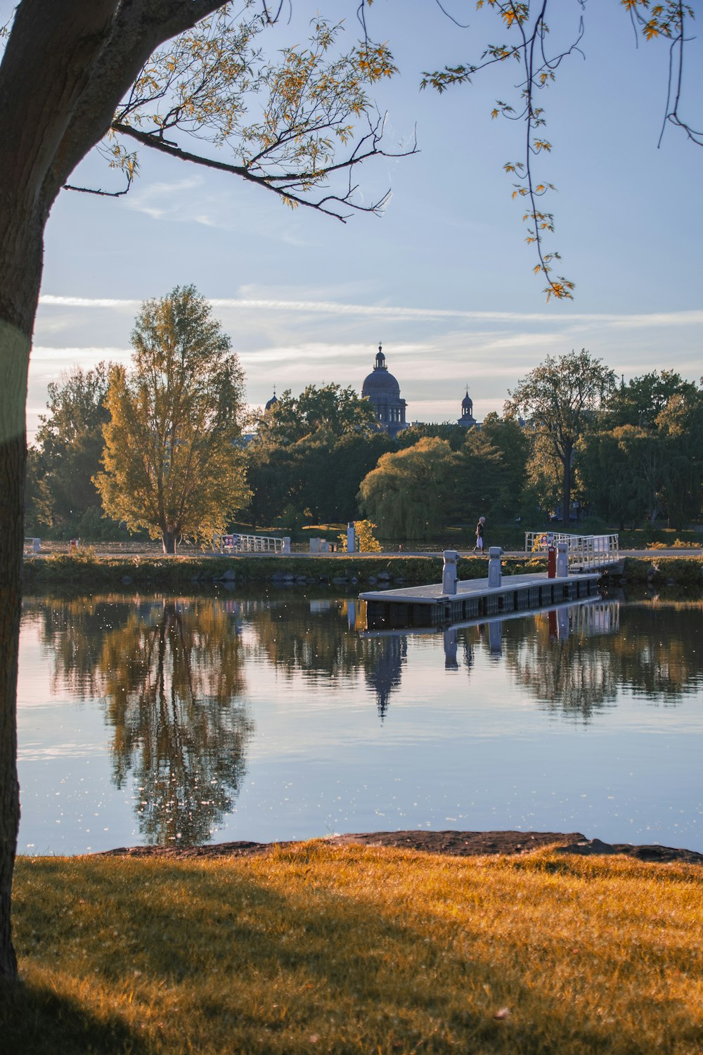 a body of water with trees and a building in the background