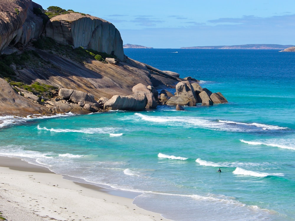 a beach with rocks and water