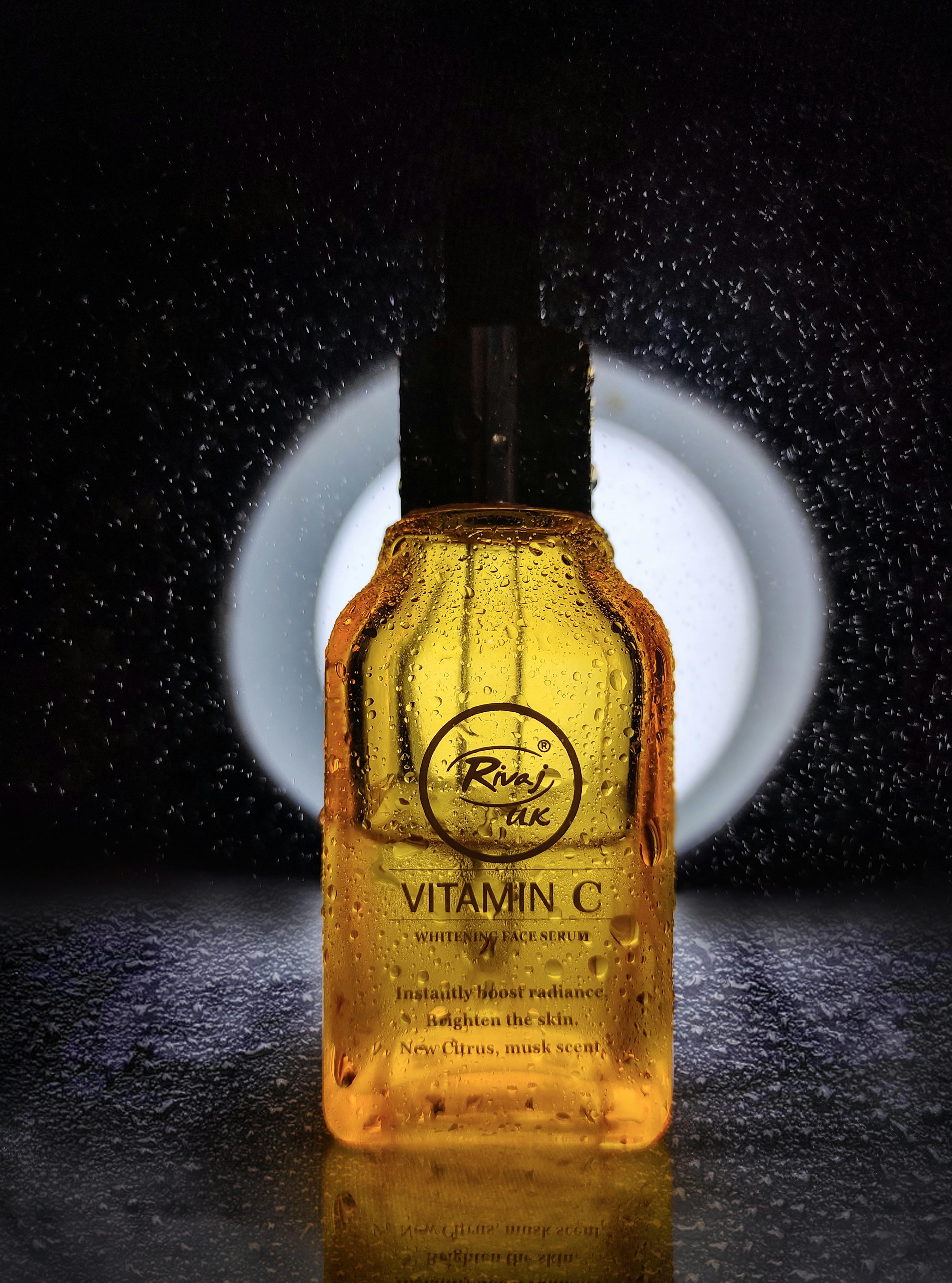 Farmasi Vitamin C Serum bottle, bright studio photography