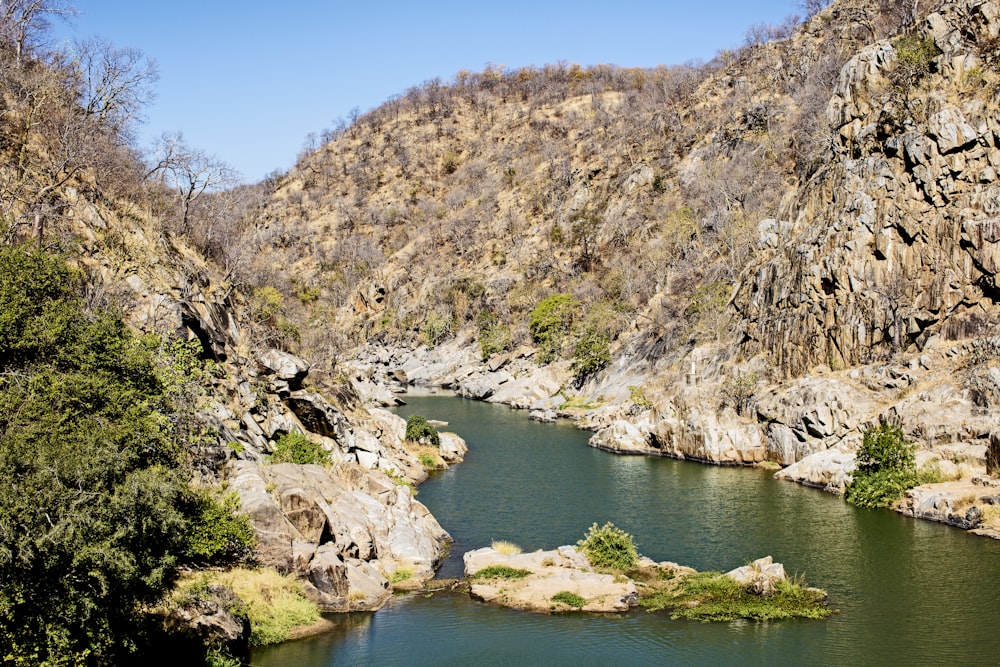 a body of water with rocks and trees around it