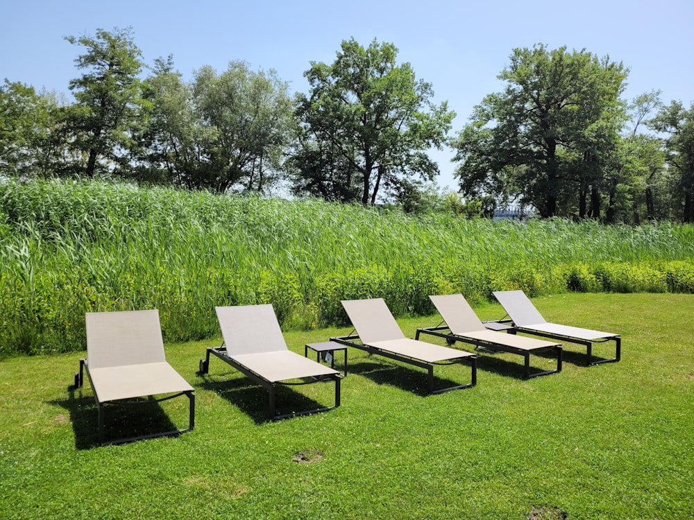 a group of chairs and tables in a grassy field