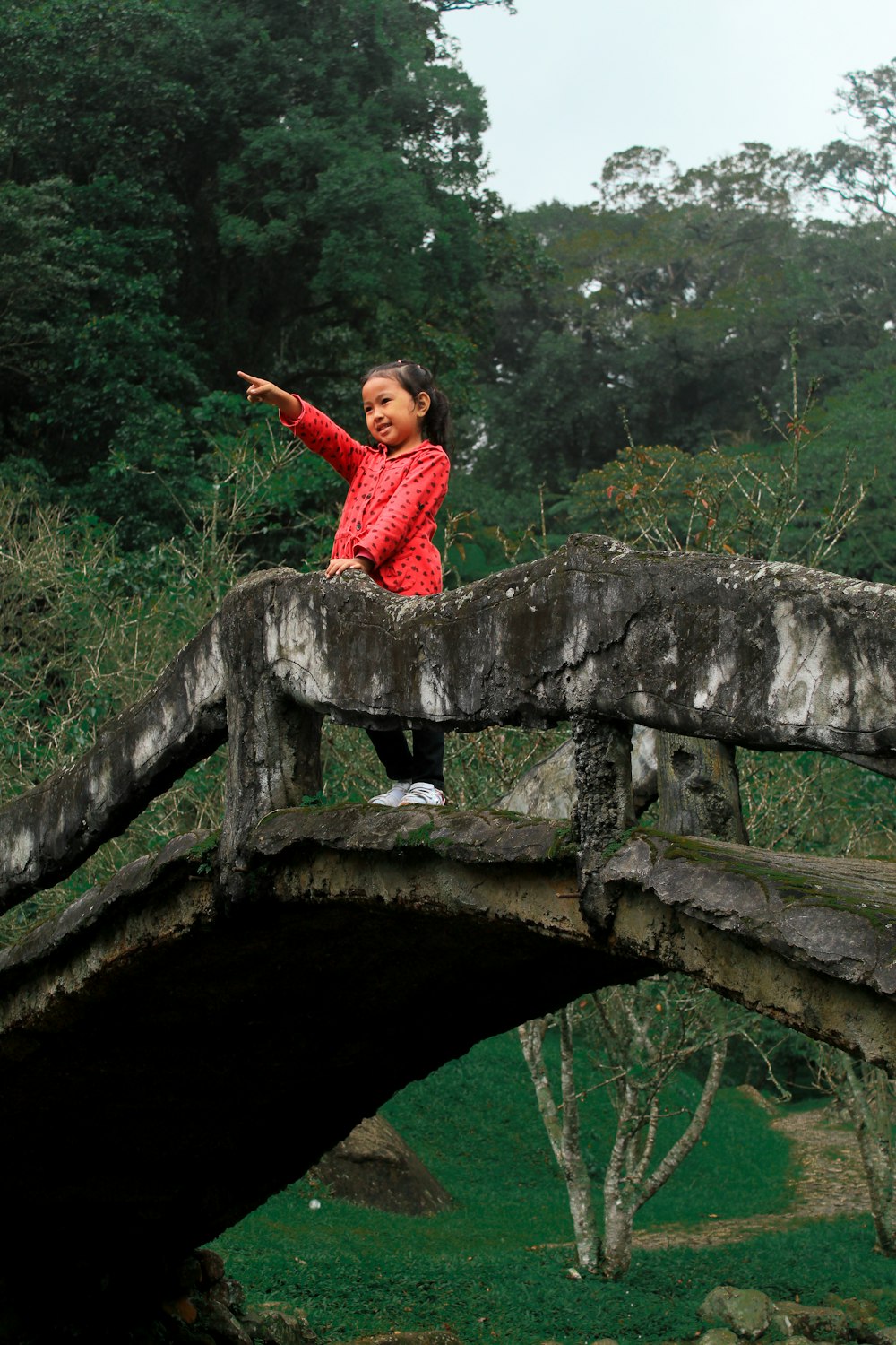 a girl standing on a log