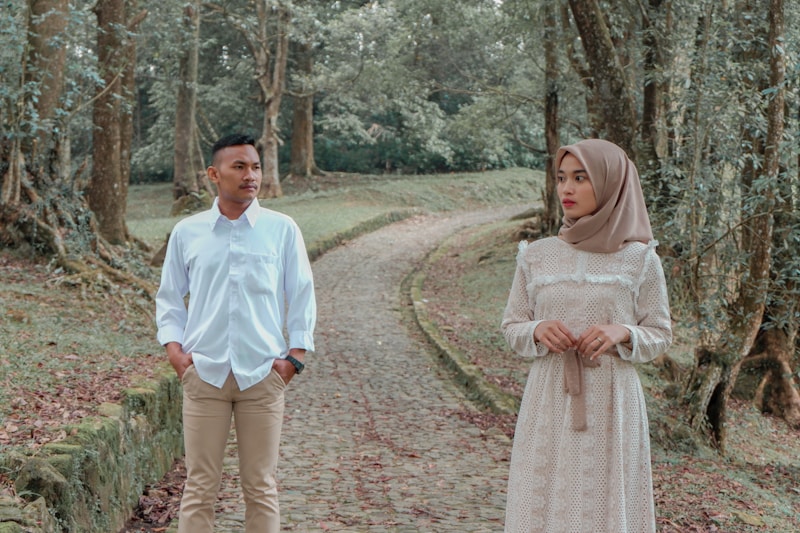 Couple strolling in lush forest
