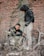 Two individuals dressed in tactical gear are positioned next to a brick wall with overgrown foliage. One person is crouched down, adjusting or checking equipment on the other's leg. Both are wearing black jackets and light-colored pants, with visible tactical vests.