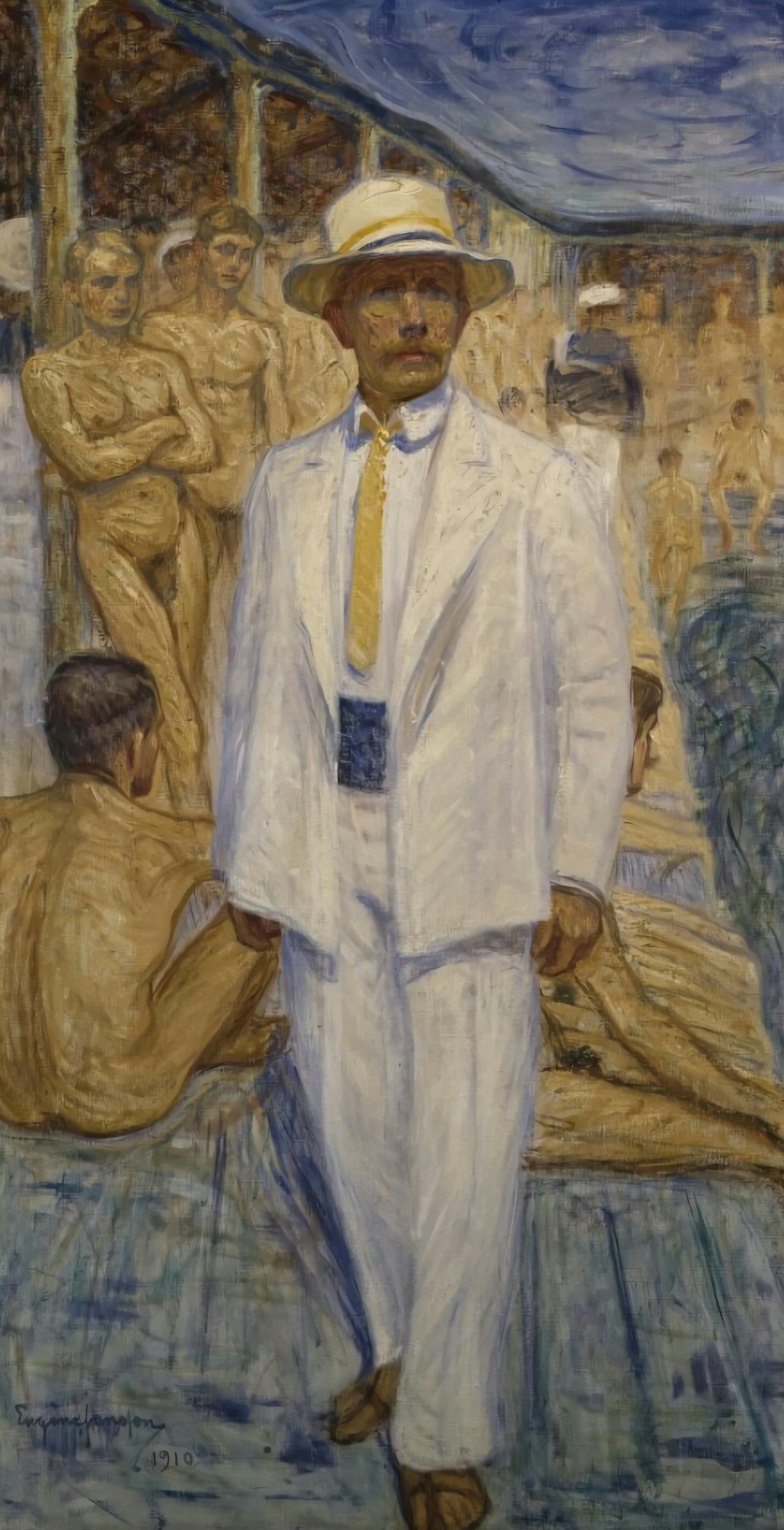 ein Gemälde einer Person in einem Hut und einem Gewand