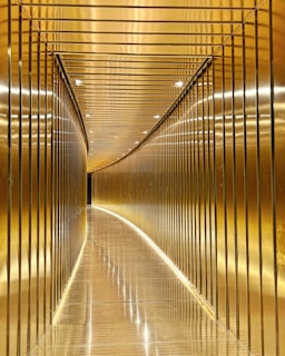 A hallway lined with tall mirrors that visually expand the narrow space in a stylish way.