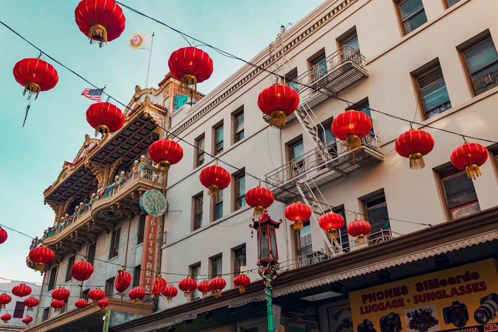 a building with many lanterns