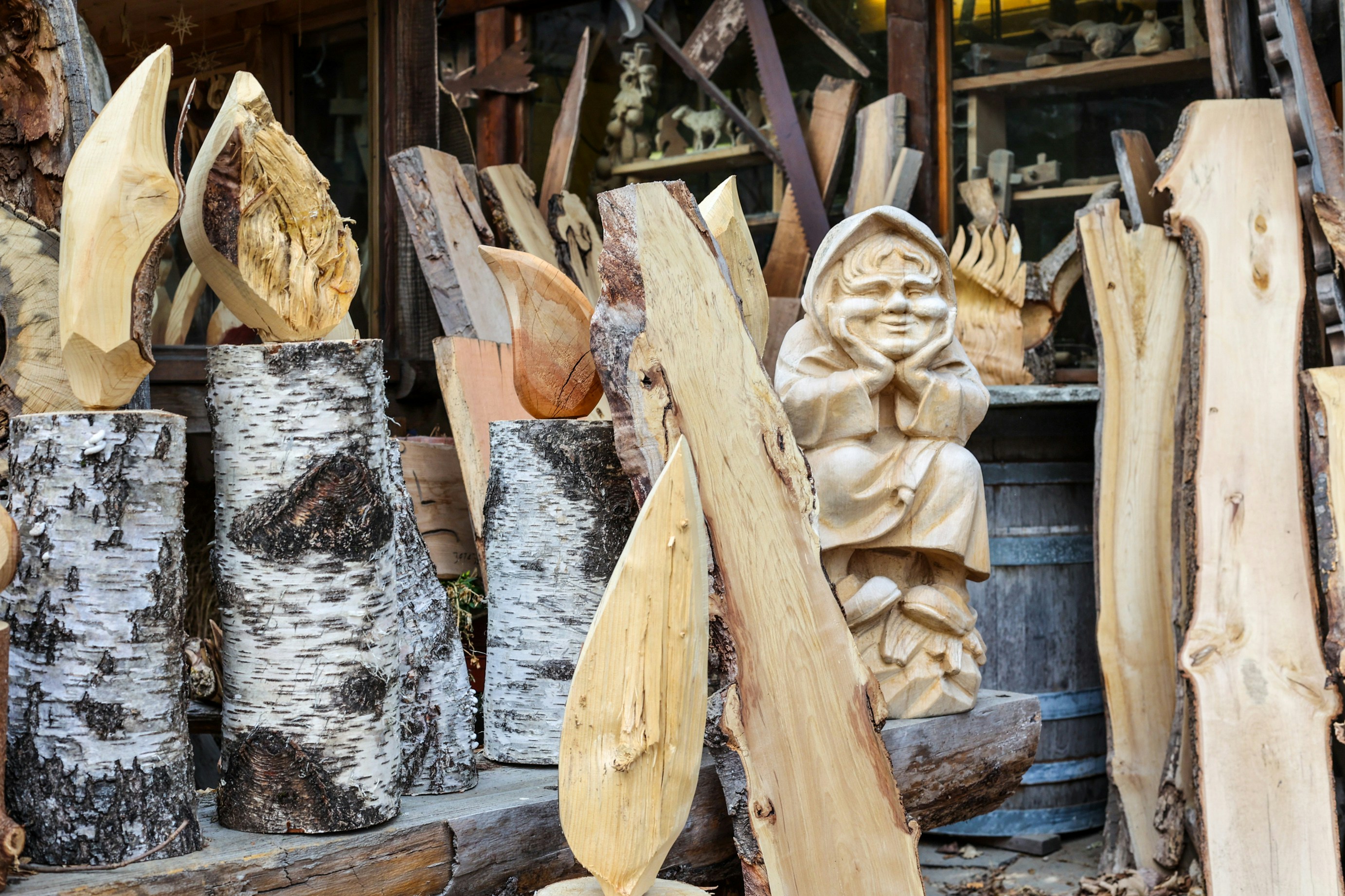a group of wood carvings