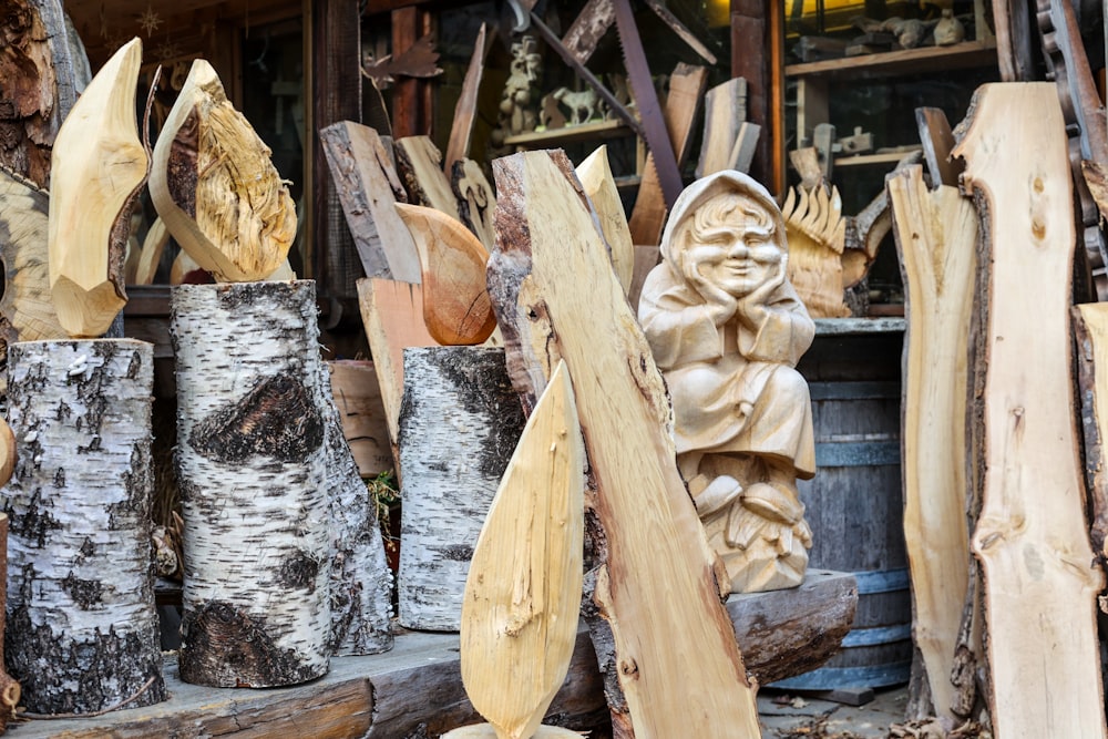 a group of wood carvings