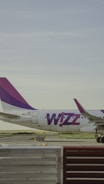 A commercial airplane on a runway with a logo and registration number visible on the fuselage. The tail fin displays a combination of purple and pink colors, and the background includes an overcast sky with greenery in the distance.