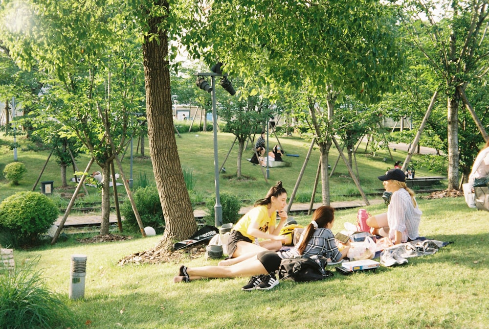 a group of people sitting on the grass