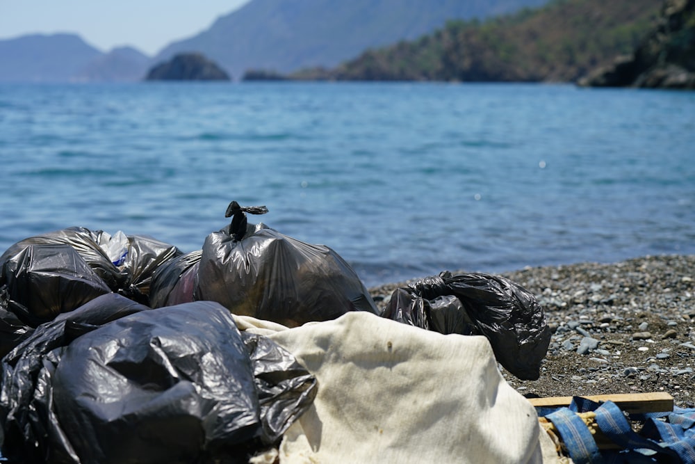 a group of bags on a beach