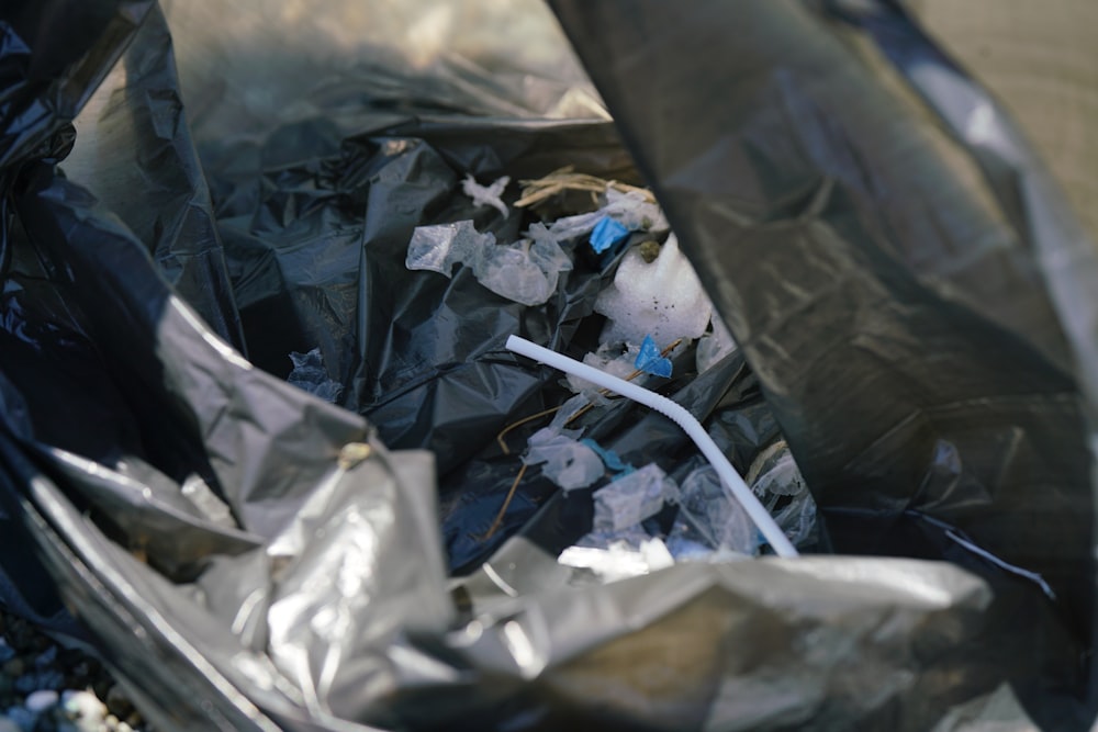 a trash can with a white bird inside