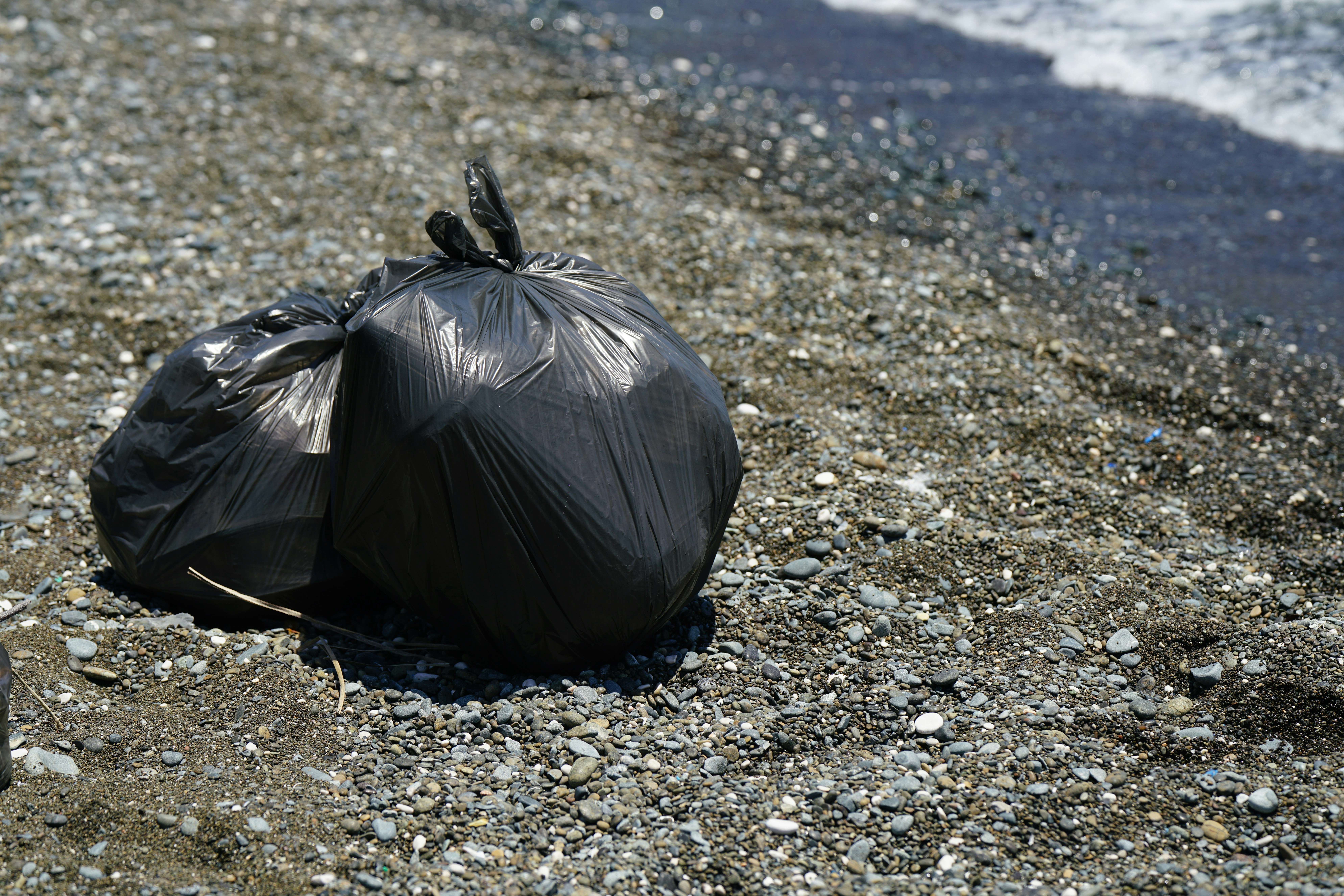 bags of collected garbage from the beach for recycling, cleaning the beach from pollution