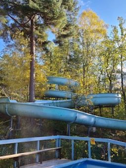 A winding water slide surrounded by lush greenery and trees in a natural setting. The structure is a light blue color, contrasting with the vibrant yellow and green leaves. Sunlight filters through the tall trees, creating a warm and inviting atmosphere.