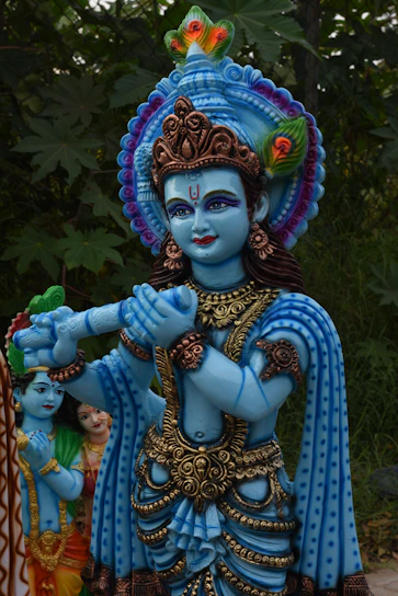 An artist's serene rendition of Lord Krishna playing the flute under a twilight sky.