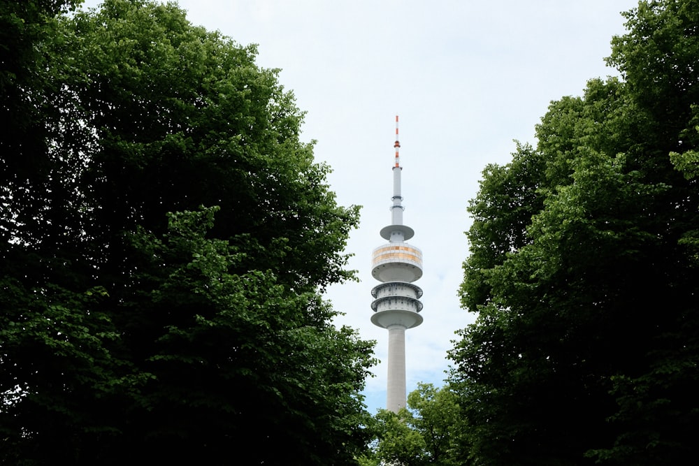 ein hoher Turm mit Bäumen drumherum