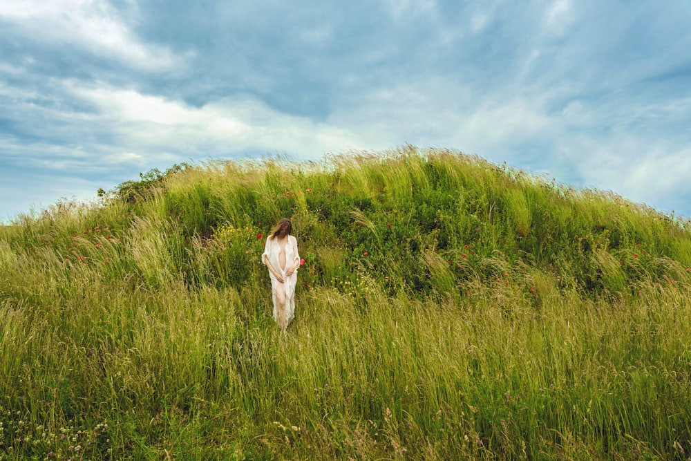 a person walking through a grassy field