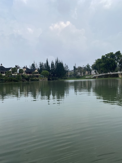 A tranquil lake reflects tall trees and houses along its shoreline, set under a cloudy sky. The water is calm, with soft ripples, and the environment appears peaceful and serene.